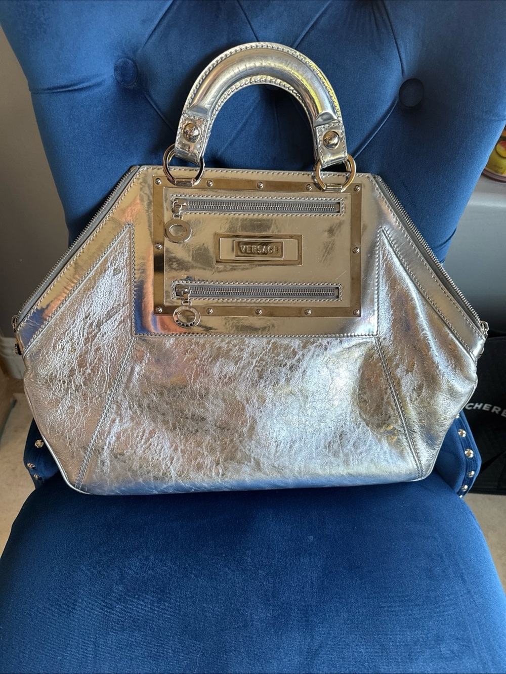 Versace Silver Metallic Structured Satchel